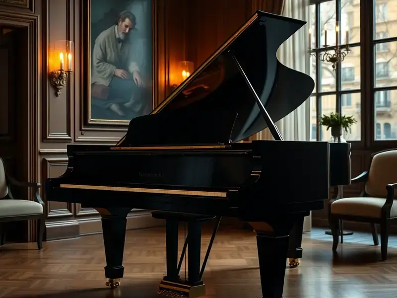 Restored grand piano with gleaming ebony finish