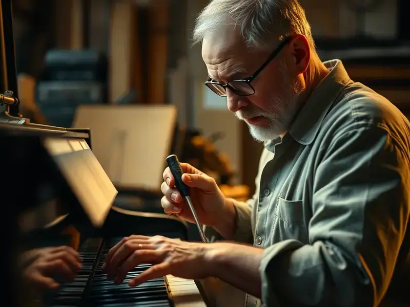 Technician regulating piano action